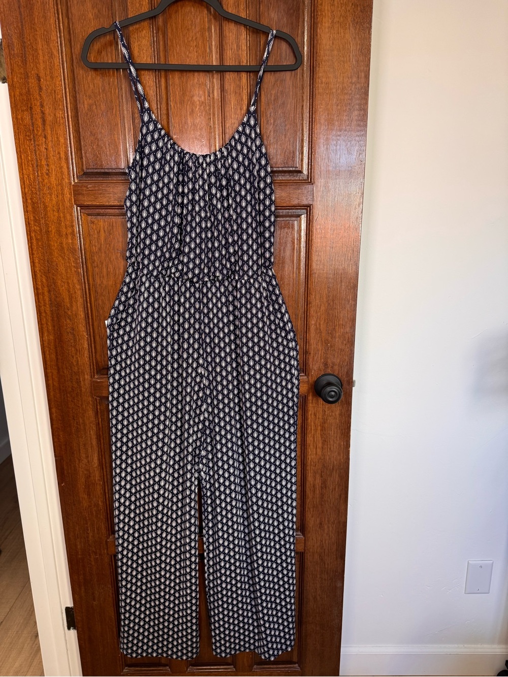 Kaileigh Navy & White Printed Spaghetti-Strap Jumpsuit